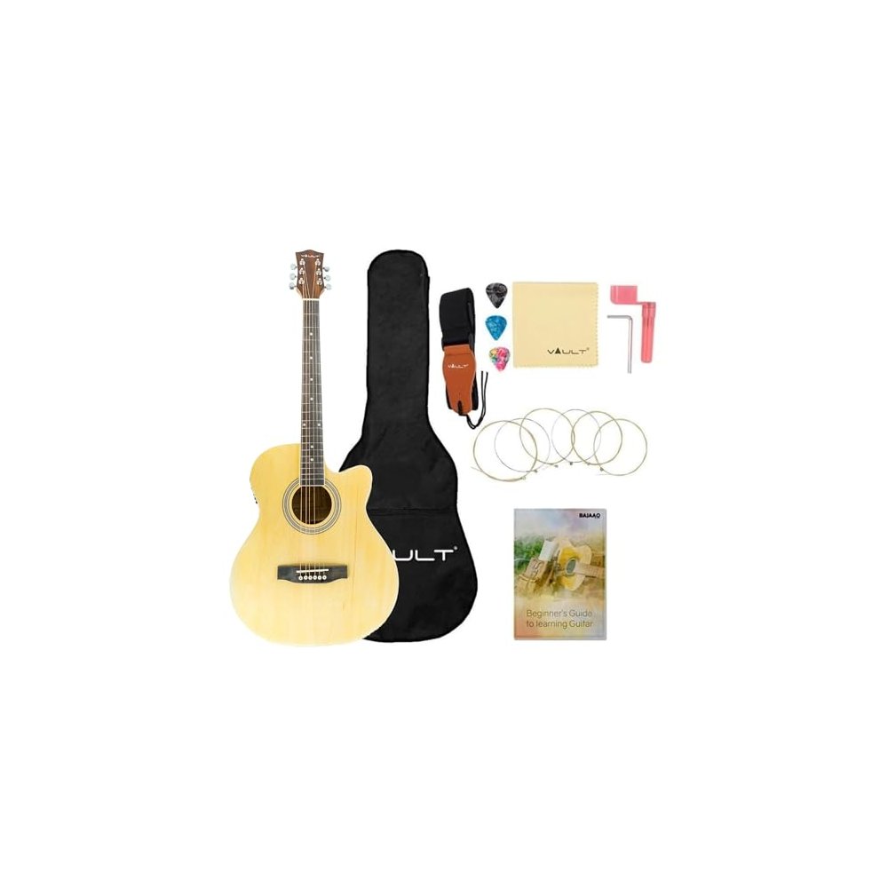 Vault EA20 Guitar Kit with Learn to Play Ebook, Bag, Strings, Straps, Picks, String winder & Polishing Cloth - 40 inch Cutaway Acoustic Guitar